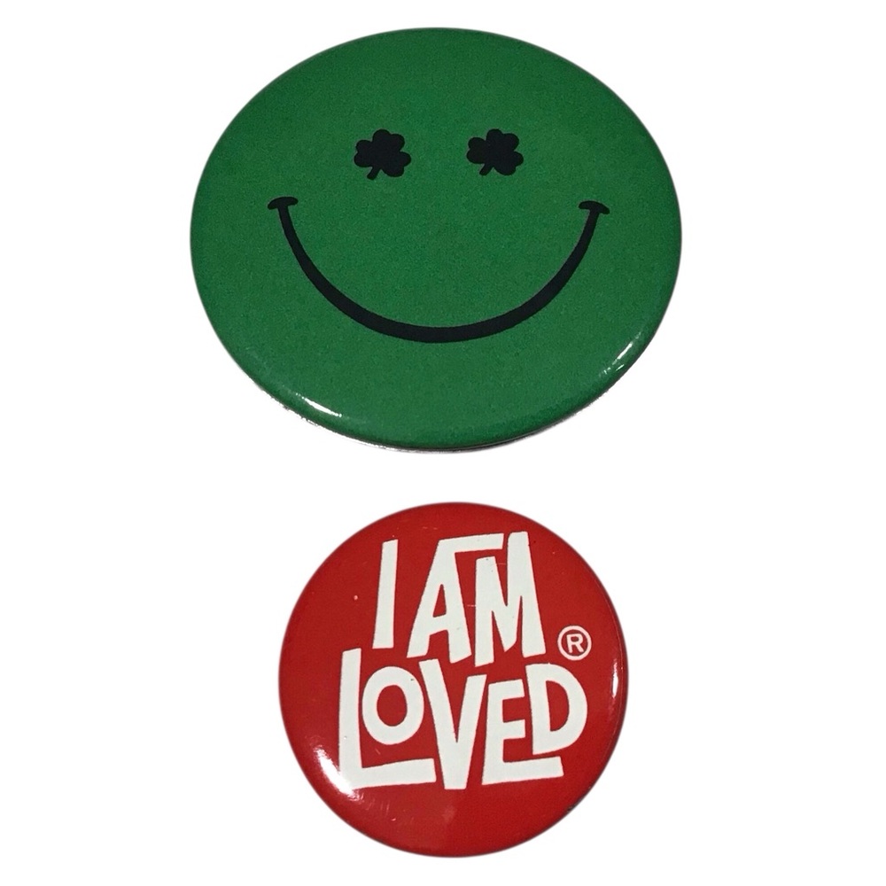 2 Button Pins Hallmark Smiley Face Shamrock I Am Loved Red Vintage Jewelry